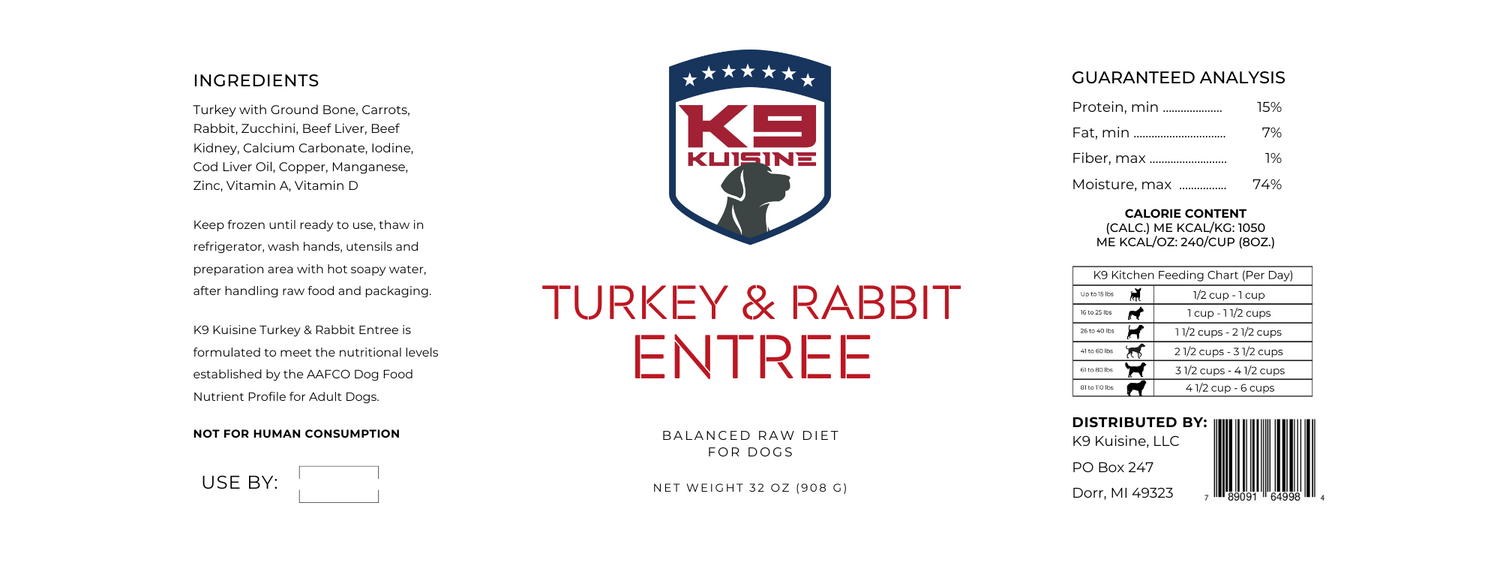 Raw Turkey & Rabbit Dog Food Label