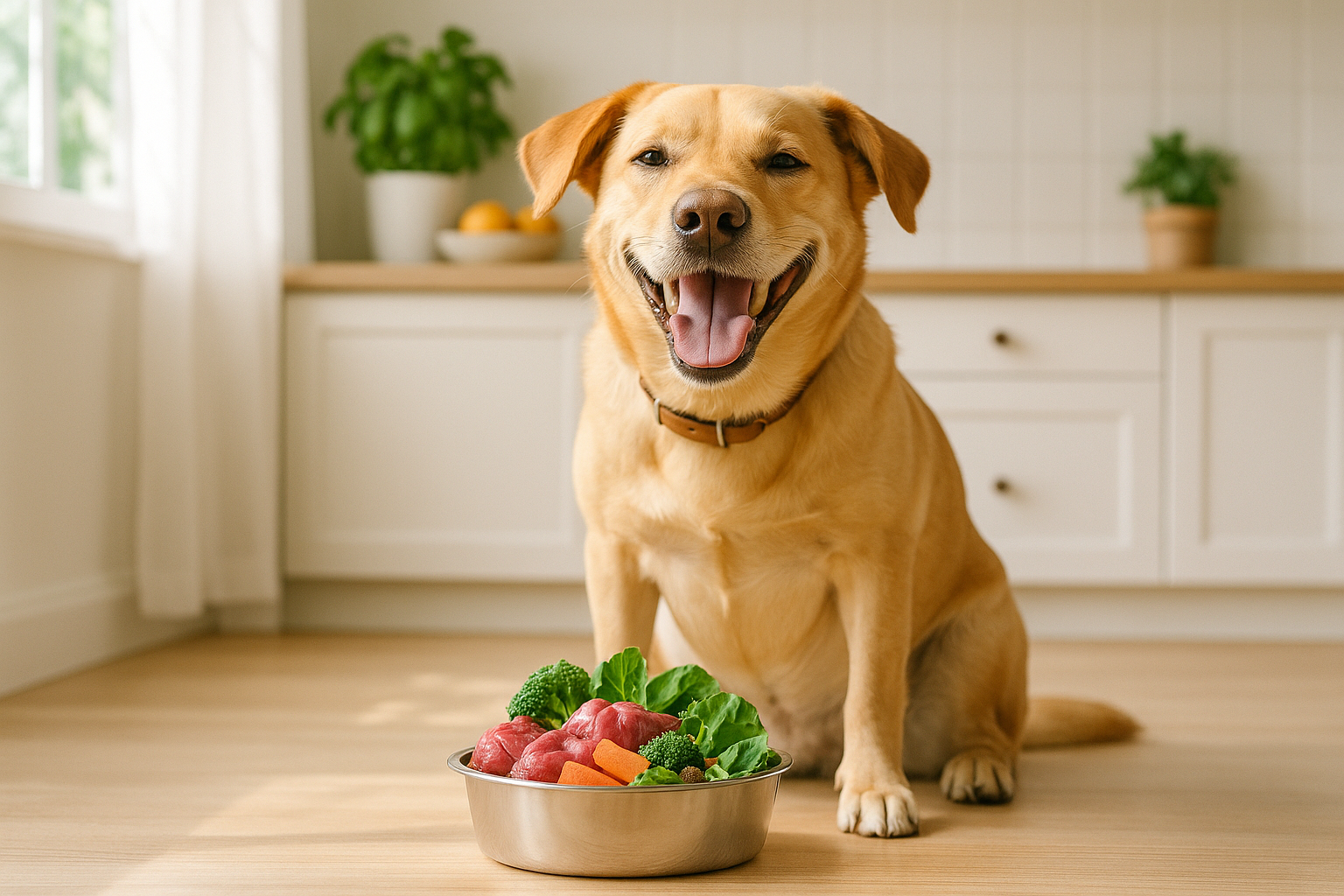A happy dog sitting in a bright kitchen, eating from a stainless steel bowl filled with fresh raw food (visible ingredients like meat, vegetables, and leafy greens). Natural daylight streaming in, soft clean background, fresh and wholesome atmosphere, focus on the dog enjoying the meal, lifestyle photography style.