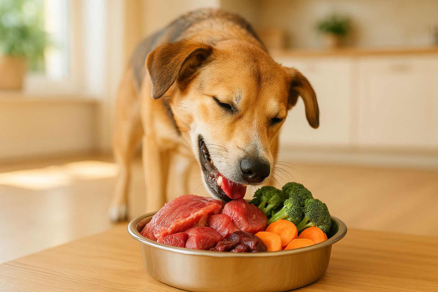 A happy, healthy dog eating from a bowl filled with fresh raw meat, organs, and vegetables. Natural daylight, clean kitchen or living room background, photorealistic, warm and wholesome atmosphere, focus on the dog enjoying the meal.