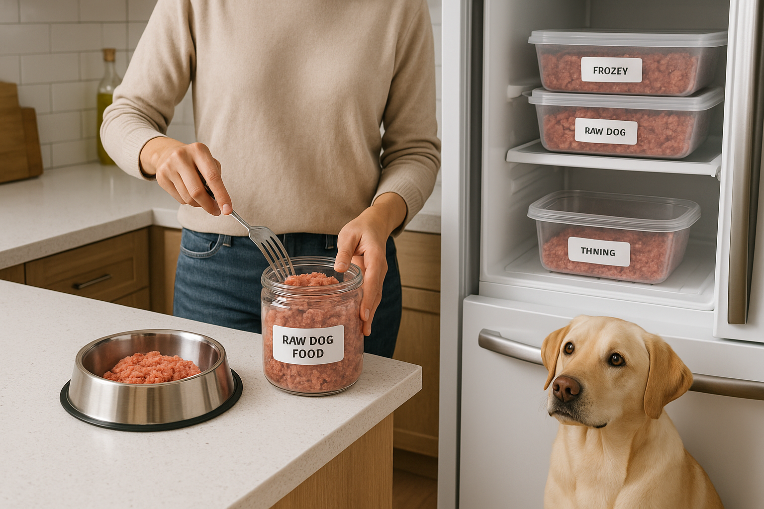 A modern kitchen scene showing a person handling raw dog food safely. One portion of raw dog food is being thawed in the refrigerator, while frozen portions are neatly stored in sealed containers in the freezer. Clean countertops, labeled storage containers, and a dog sitting nearby watching attentively. Bright, natural lighting, hygienic and organized atmosphere, emphasizing safety and proper handling. Photorealistic, lifestyle photography style.