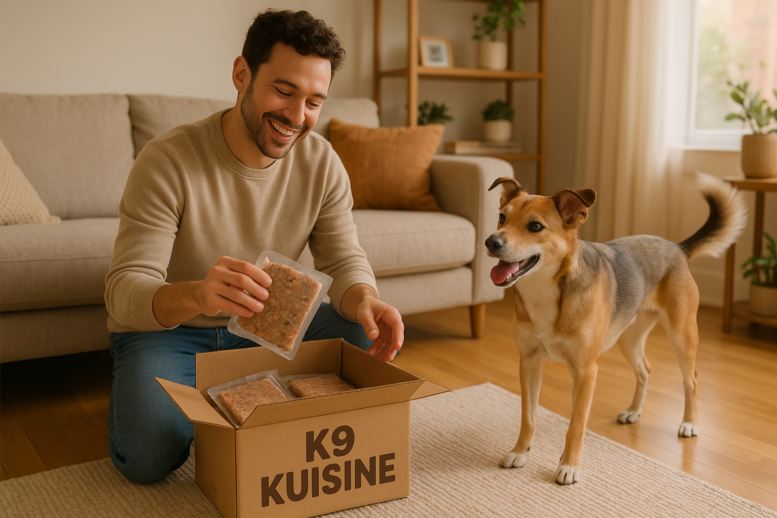A smiling dog owner kneeling on the living room floor, unpacking a delivery box labeled “K9 Kuisine” with pre-portioned raw meal packs inside. Their dog, healthy and excited, stands nearby wagging its tail. Cozy modern home setting, natural warm light, friendly and inviting mood, lifestyle brand photography.