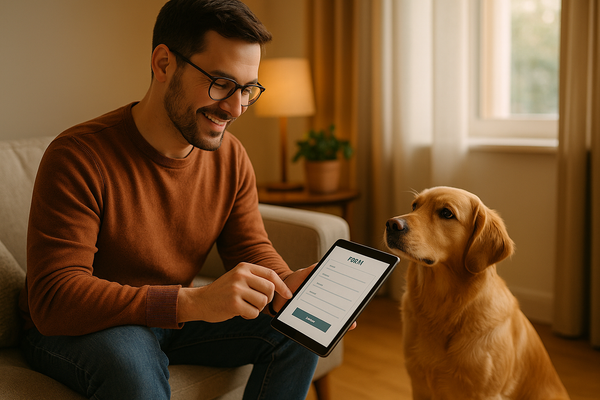 Dog owner filling out a short form on a tablet while their dog sits nearby