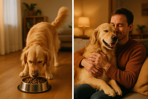 Happy dog eating from a bowl, then cuddling with their owner